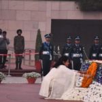 Smt. Sharmila Pundir, wife of Sqn Ldr Rajiv Pundir, paying tribute at the National War Memorial.